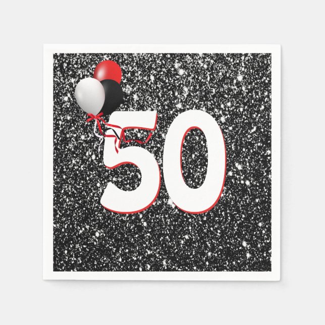 50th Birthday Balloons on Black Glitter Napkins (Front)