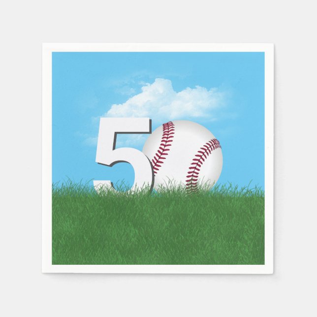 50th Birthday Baseball In Green Grass Napkin (Front)