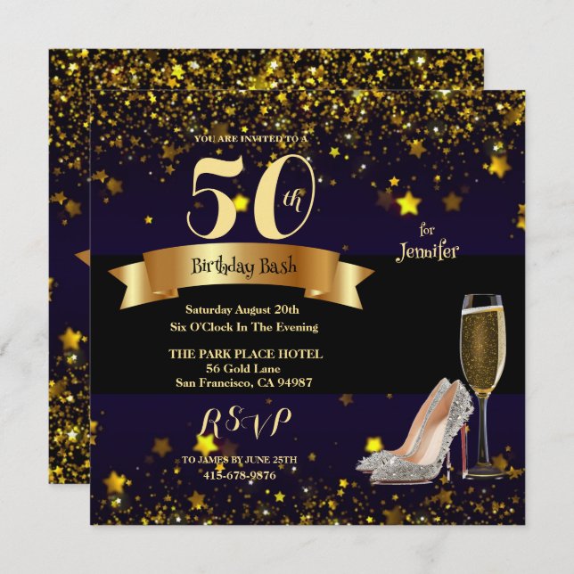 50th Birthday Bash Gold Stars Champagne Invitation (Front/Back)