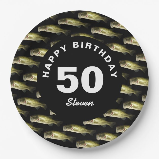 50th Birthday Bass Fishing Personalized Paper Plate (Front)
