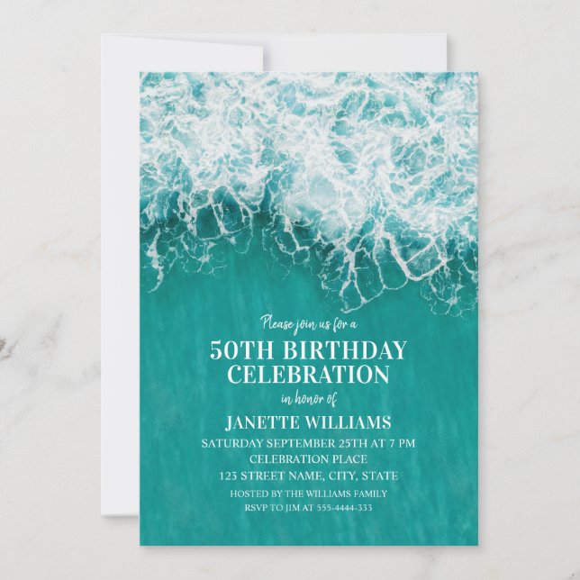 50th Birthday Beach Wave Turquoise Ocean Nautical Invitation (Front)