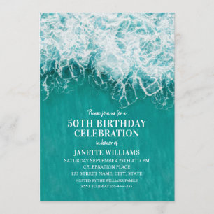 50th Birthday Beach Wave Turquoise Ocean Nautical Invitation