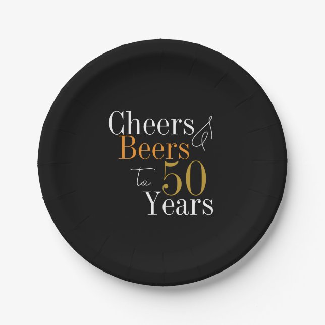 50th Birthday Beers and Cheers Black Gold Party Paper Plate (Front)