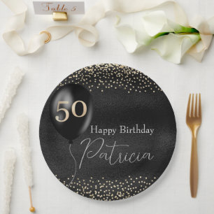 50th Birthday Black and Gold Balloon  Paper Plate