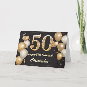50th Birthday Black and Gold Balloons Birthday Card