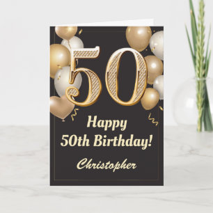 50th Birthday Black and Gold Balloons Confetti Card