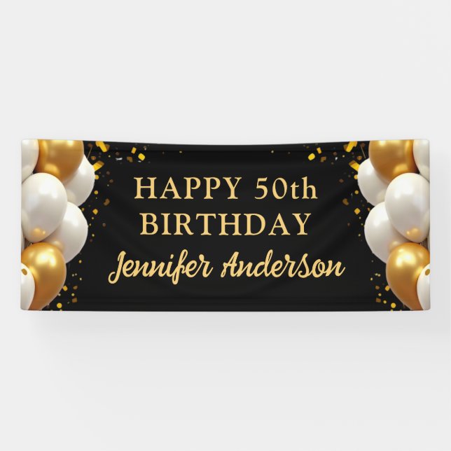 50th Birthday Black and Gold Celebration Banner (Horizontal)