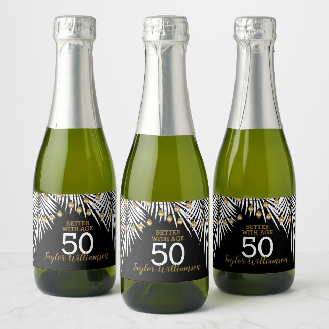 50th Birthday Black and Gold Mini Sparkling Wine Label (Bottles)