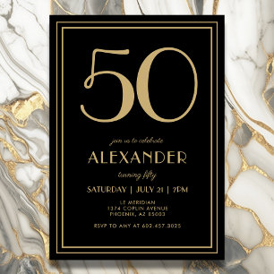 50th Birthday Black and Gold Modern Minimal Adult Invitation