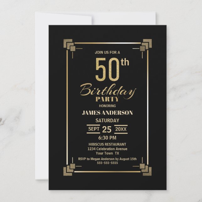 50th Birthday Black and Gold Party Invitation (Front)