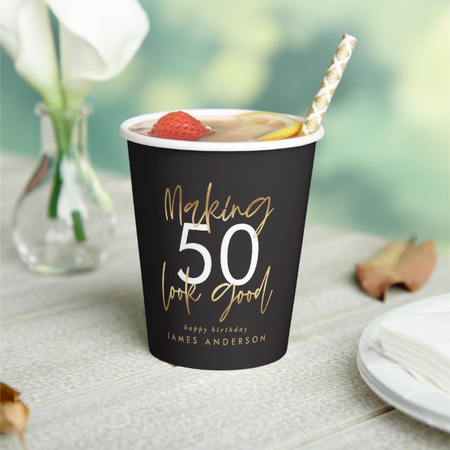 50th Birthday black and gold simple elegant modern Paper Cups (Insitu)