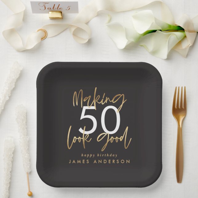 50th Birthday black and gold simple elegant modern Paper Plate (Wedding)