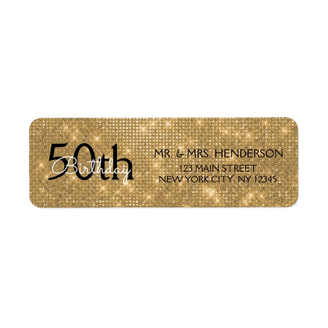 50th Birthday Black and Gold Sparkle Return Address Label (Front)