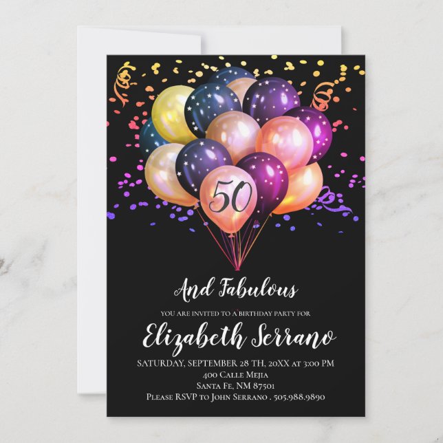 50th Birthday Black And Multi Coloured Balloons Invitation (Front)