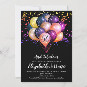 50th Birthday Black And Multi Coloured Balloons Invitation