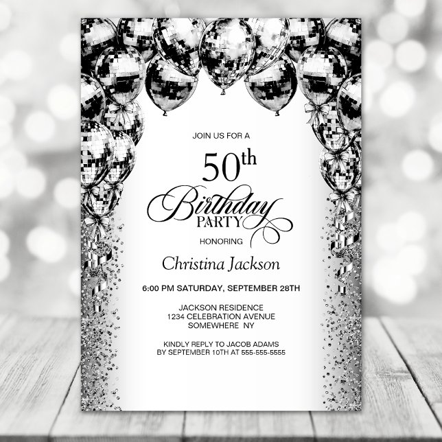 50th Birthday Black and White Balloons Party Invitation (Creator Uploaded)