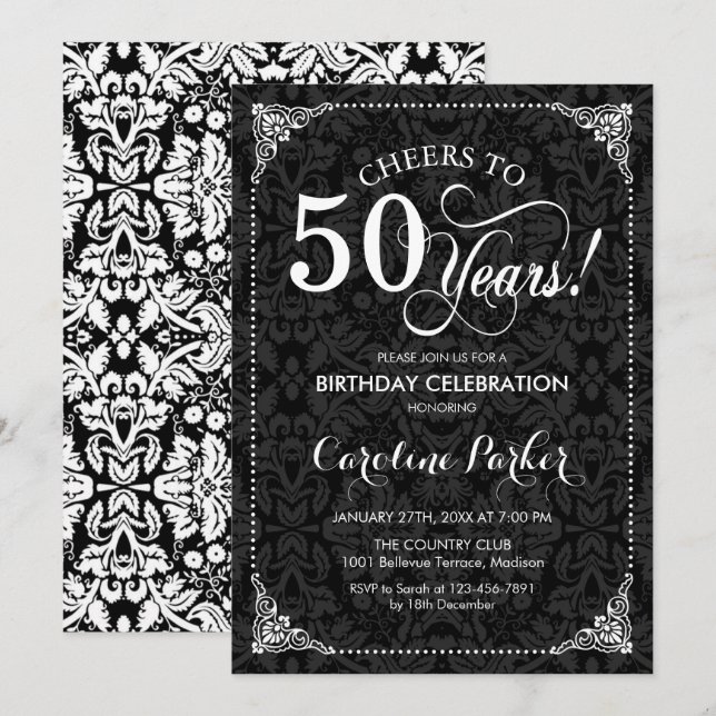 50th Birthday - Black and White Damask Invitation (Front/Back)