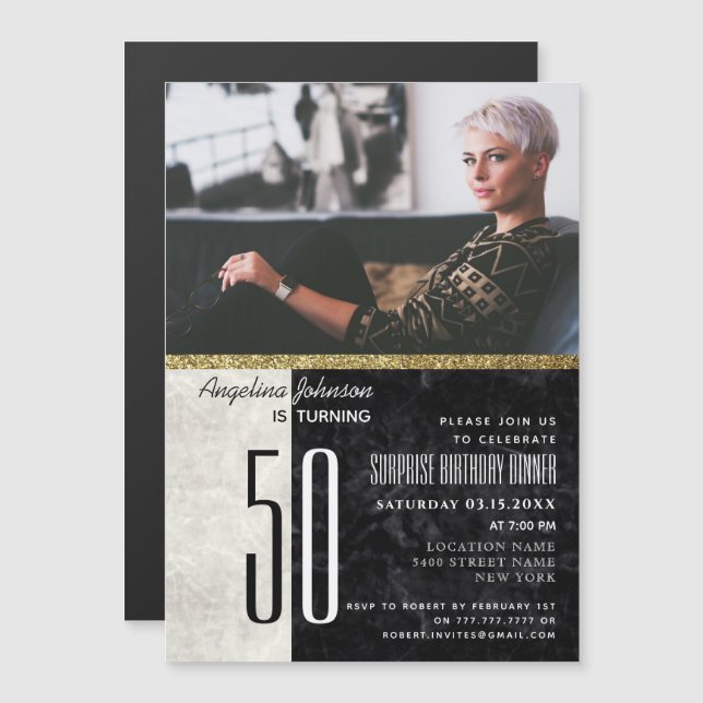 50th Birthday , Black and White Marble Photo Magnetic Invitation (Front/Back)