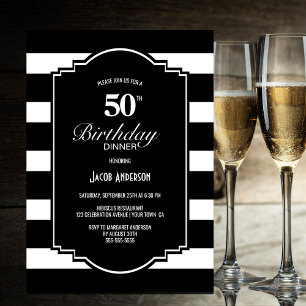 50th Birthday Black and White Striped Dinner Invitation