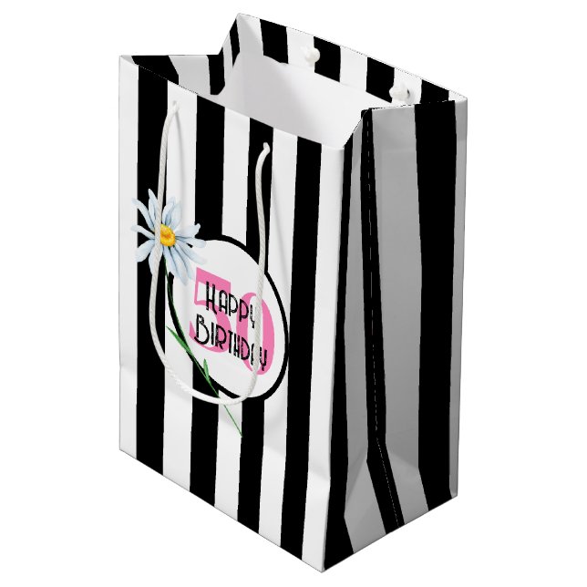 50th Birthday Black And White Stripes Medium Gift Bag (Front Angled)