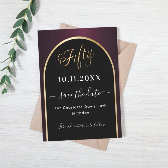50th birthday black burgundy gold arch save the date (Creator Uploaded)
