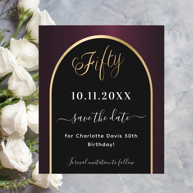 50th birthday black burgundy save the date card (Creator Uploaded)