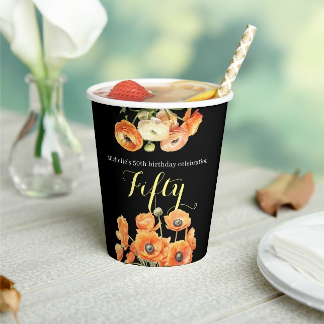50th Birthday Black Elegant Orange Floral Party  Paper Cups (Insitu)