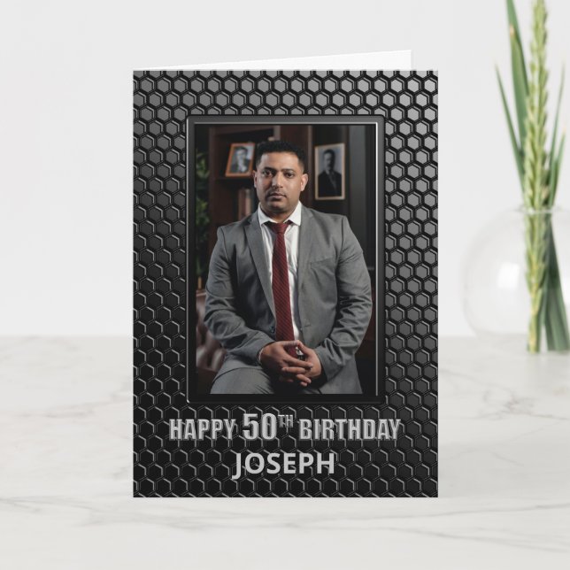 50th Birthday Black Geometric Pattern Custom Photo Card (Front)
