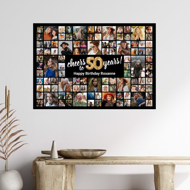 50th Birthday Black Gold 100 Photo Collage Poster (Creator Uploaded)