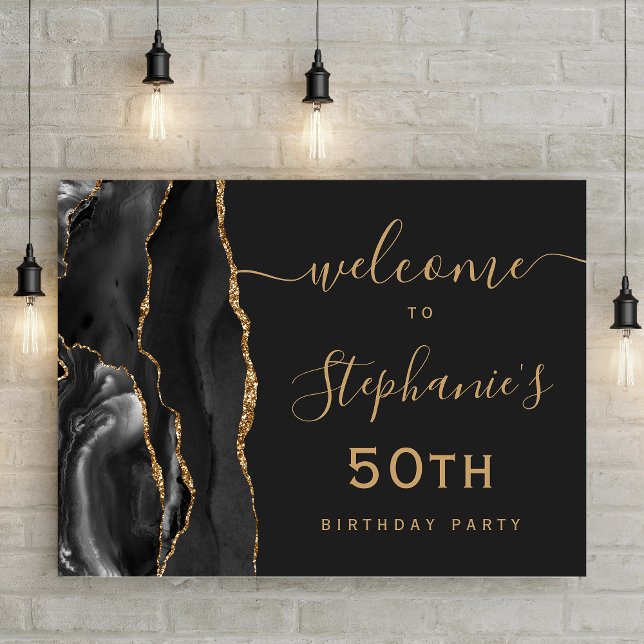 50th Birthday Black Gold Agate Welcome Poster (Creator Uploaded)