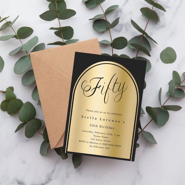 50th birthday black gold arch script luxury invitation (Creator Uploaded)
