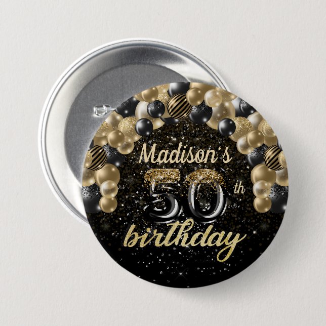 50th Birthday Black Gold Balloon Glitter Button (Front & Back)