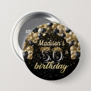 50th Birthday Black Gold Balloon Glitter Button
