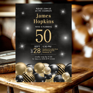 50th Birthday Black Gold Balloons Invitation