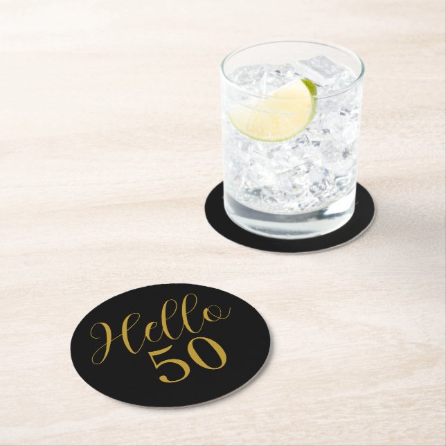 50th Birthday Black Gold Birthday Round Paper Coaster (Insitu)