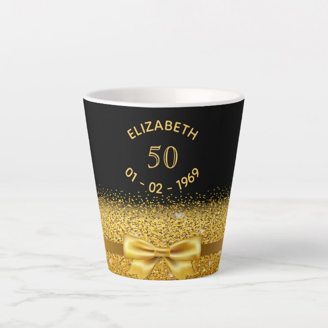 50th birthday black gold bow latte mug (Front)