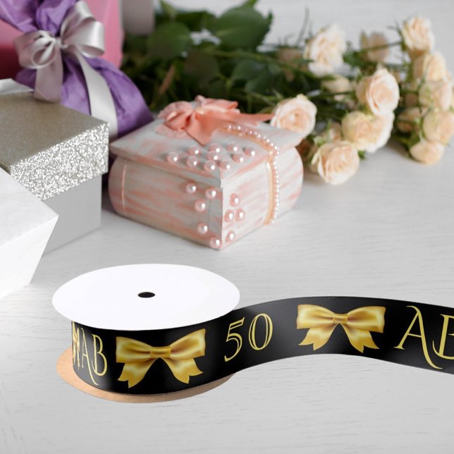 50th birthday black gold bows monogram initials satin ribbon (Creator Uploaded)