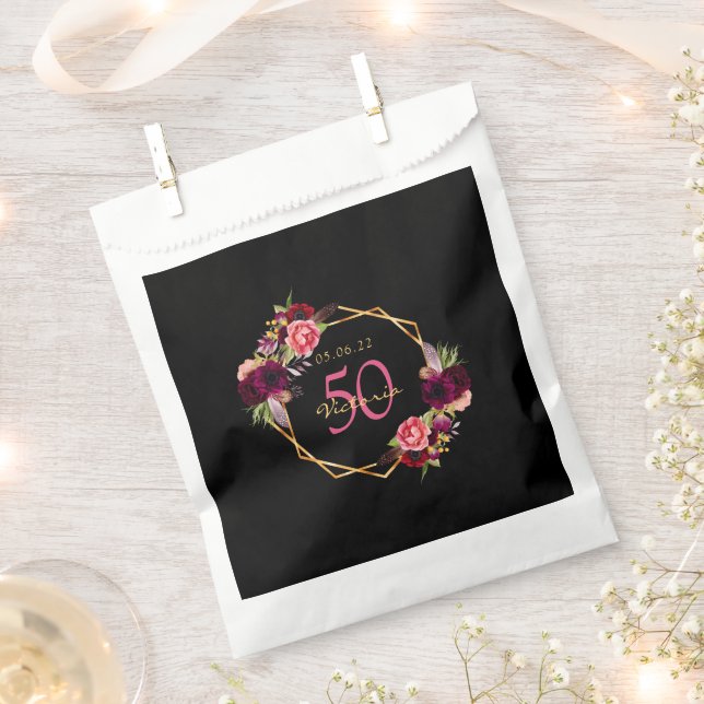 50th birthday black gold burgundy flowers name favour bag (Clipped)