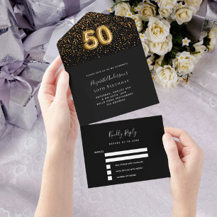 50th birthday black gold confetti rsvp all in one invitation