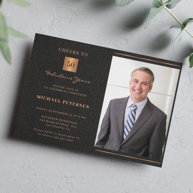 50th birthday black gold elegant custom photo invitation (Creator Uploaded)