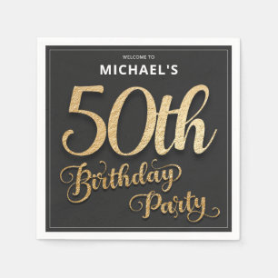 50th Birthday Black Gold Faux Foil Custom Elegant Napkin