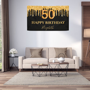50th birthday black gold glitter drips name banner