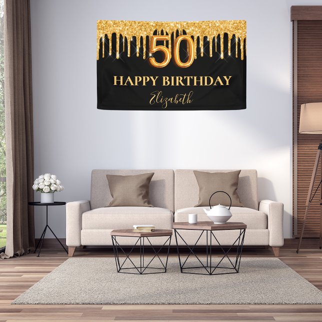 50th birthday black gold glitter drips name banner (Creator Uploaded)