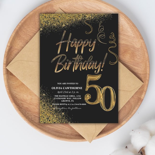 50th Birthday Black & Gold Glitter Modern   Invitation (Creator Uploaded)