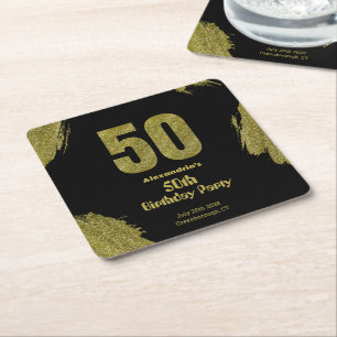 50th birthday black gold glitter party square paper coaster