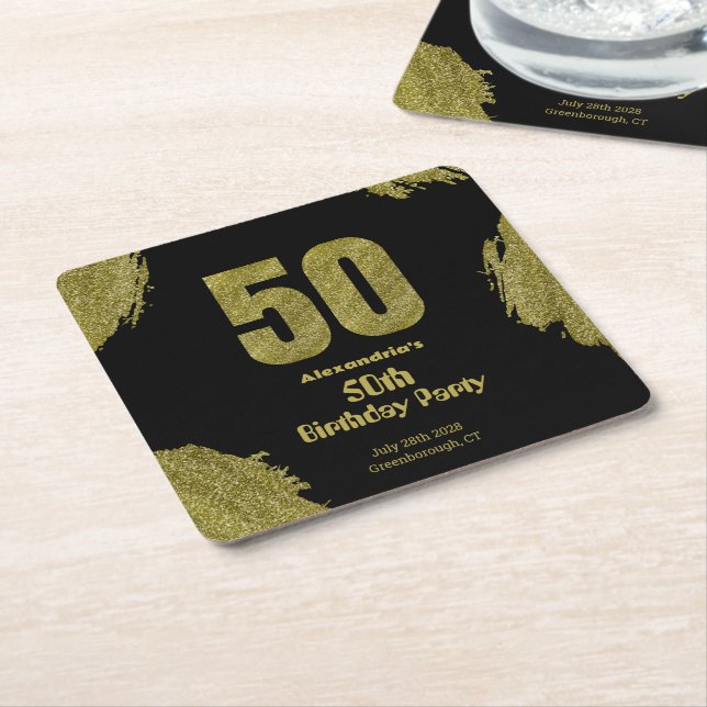 50th birthday black gold glitter party square paper coaster (Angled)