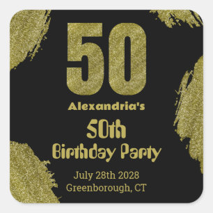 50th birthday black gold glitter party square sticker