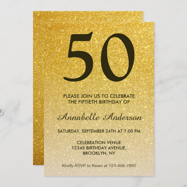 50th Birthday Black Gold Glitter Sparkle Ombre Invitation (Front/Back)