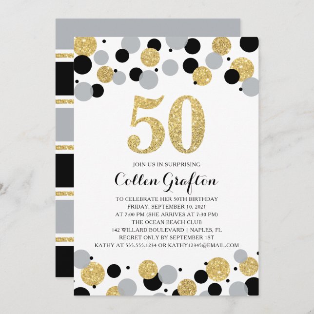50th Birthday Black Gold Grey Glitter Confetti Invitation (Front/Back)