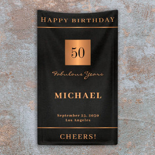 50th birthday black gold Happy Birthday party Banner